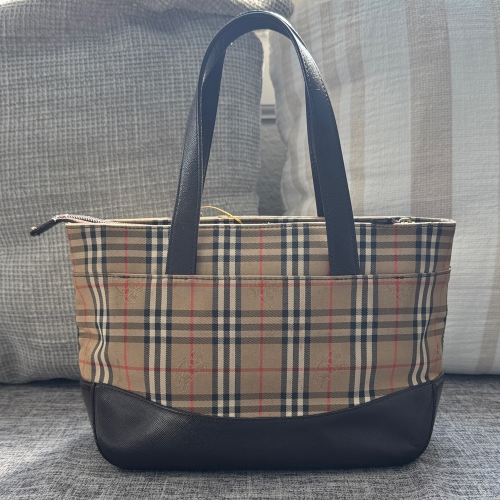 Small Burberry Beige Checkered with Brown Leather Accents Hand Bag - Picture 4 of 13